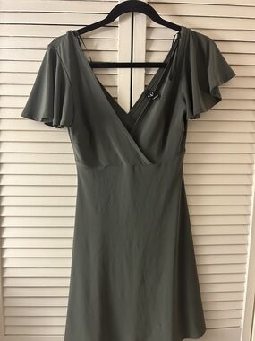 Windsor Olive Wrap V-Neck Flutter Sleeve Mini Dress